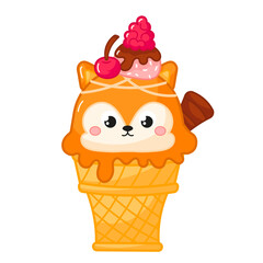 Wall Mural - Tasty kawaii fox or dog shaped ice cream in cone with chocolate bar and berry cartoon for summer themed greeting card or designs, frozen dessert object, sweet gelato for kids