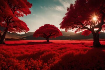 Wall Mural - Red landscape with heart love tree