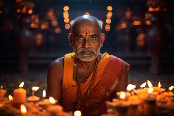 Monk doing puja or praying on diwali festival.