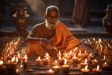 Wall Mural - Monk doing puja or praying on diwali festival.