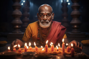 Wall Mural - Monk doing puja or praying on diwali festival.