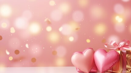 Wall Mural - Valentine's Day background. Pink and gold hearts with gifts on a pink bokeh background, Generative AI