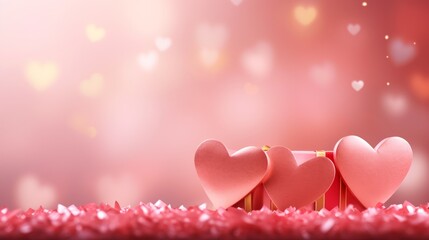 Wall Mural - Valentine's Day background. Pink and gold hearts with gifts on a pink bokeh background, Generative AI