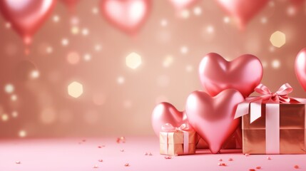 Wall Mural - Valentine's Day background. Pink and gold hearts with gifts on a pink bokeh background, Generative AI