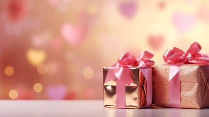 Wall Mural - Valentine's Day background. Pink and gold hearts with gifts on a pink bokeh background, Generative AI