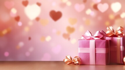 Wall Mural - Valentine's Day background. Pink and gold hearts with gifts on a pink bokeh background, Generative AI