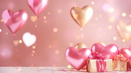 Wall Mural - Valentine's Day background. Pink and gold hearts with gifts on a pink bokeh background, Generative AI