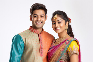 young indian couple in traditional wear and giving happy expression