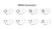 Range of NEMA connectors with naming. NEMA connectors are power plugs and receptacles used for AC mains electricity. Electric outlet line icons
