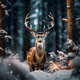 Fototapeta Zwierzęta - Wild Christmas deer in snowy fairy forest, mystery woodland. Cute winter holidays illustration. New Year greeting card, Generative ai