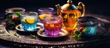 Vintage Style Picture Showcasing A Colorful Oriental Tea Table Arrangement