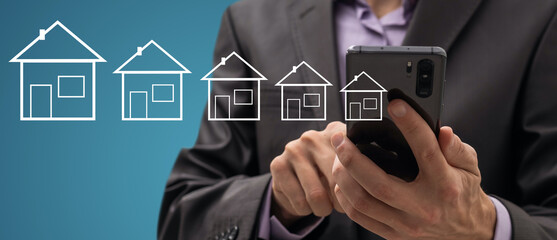 Poster - man hand phone and house in screen