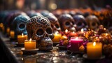 Fototapeta Tulipany - An indoor scene of eerie tranquility is illuminated by candlelight, the centerpiece of which is a hauntingly beautiful skull statue adorned with flowers