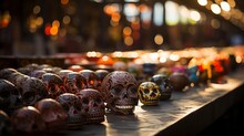 A Hauntingly Lit Street Corner Reveals A Morbid Tableau Of Skulls, Reminding Us Of Our Mortality And The Fragility Of Life