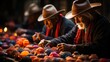 A gang of rugged men in cowboy hats stride down the bustling street, a stark contrast to the colorful market stalls and outdoor atmosphere