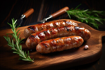 Wall Mural - Grilled juicy sausages with spices and rosemary