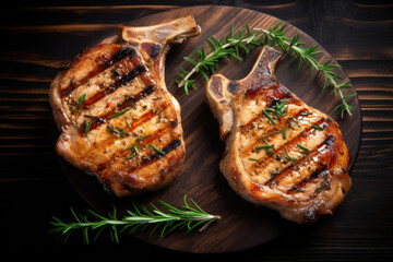 Wall Mural - Grilled or pan fried pork chops on the bone with garlic and rosemary