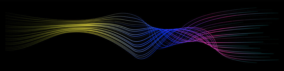 Poster - Vector wave dynamic music lines. Dynamic colorful isolated on black background for concept of AI technology, digital, communication. Waves on a black background for your design. Vector EPS 10