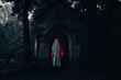 A horrifying ghost standing at the entrance of an old medieval crypt, illuminated by an eerie red light. The mystery, horror, and Halloween, exploring the supernatural and the unknown.