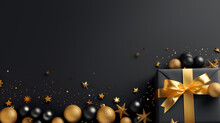 Christmas Border With Gifts In Black Wrapping Paper With Golden Ribbon On Black Background With Golden Confetti And Copy Space