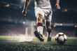 Fußballspieler im Stadion dribbelt mit Ball am Fuß, dynamische Spielszene, erstellt mit generativer KI