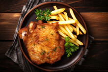 Breaded German Wiener Schnitzel With French Fries On The Wooden Background, Top View