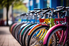 A Row Of Bicycles Parked On A City Street Is A Healthy And Environmentally Friendly Form Of Transport.