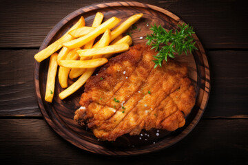 Wall Mural - Breaded German wiener schnitzel with French fries on the wooden background, top view