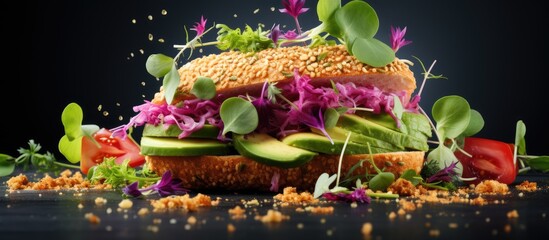 Vegan burger with beans avocado and seedlings on white