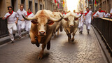 Runners in Encierro, Running of bulls in Pamplona, Spain. Bull running in Pamplona. Traditional San Fermin festival where participants run ahead of charging bulls through the streets to bullring