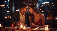 Asian Beautiful Loving Couple Is Spending Time Together For Dinner In Restaurant. Celebrating Valentine's Day.