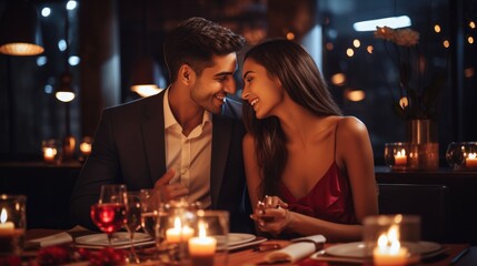 Asian Beautiful loving couple is spending time together for dinner in restaurant. Celebrating Valentine's Day.