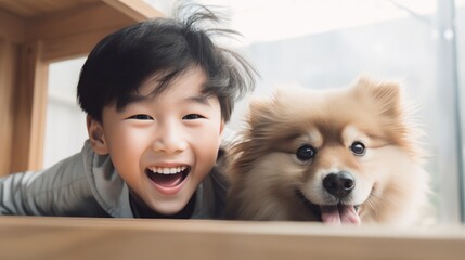 Wall Mural - Happy asian kid with dog playing at home, Friendship and loyalty.