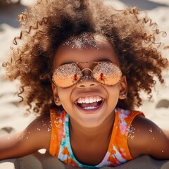 Wall Mural - Close up child happy girl playing with the sand in a sunny day on the beach.