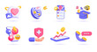 3d Business icon set. Trendy illustrations of Heart Chat bubble, Achievement, Phone Navigation, Education, Social Media, Healthcare, Investment, Customer Support, etc. Render 3d vector objects