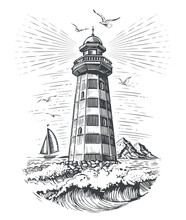 Vintage Old Lighthouse And Sea Waves. Seascape Engraving Style Vector Illustration Of Beacon