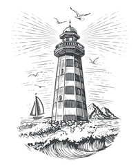 Vintage old lighthouse and sea waves. Seascape engraving style vector illustration of beacon