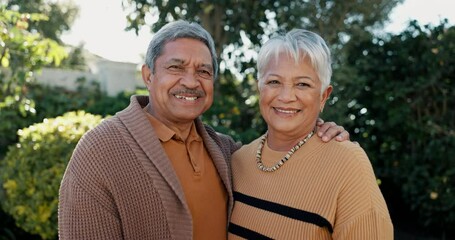 Poster - Happy, love and face of senior couple in garden hugging for bonding, romance or date in nature. Smile, portrait and elderly woman and man in retirement from Mexico standing in outdoor garden together