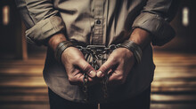Male Hands In Chain Handcuffs Close-up View