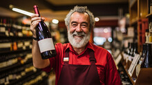 Wine Merchant Showing A Bottle Of Red Wine In Middle Of His Shop