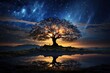 Starring sky on trees in night scenario., generative IA