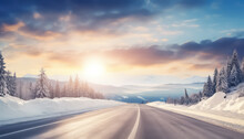 Beautiful Winter Road At Sunset