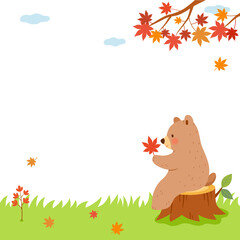 Canvas Print - A bear holding a maple leaf on a stump. Autumn elements background.