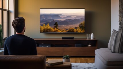 A young man sitting on sofa in living room and watching television, back view angle, generative ai