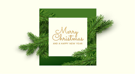 Wall Mural - festive natural christmas layout message with spruce tree cuttings. vector illustration.
