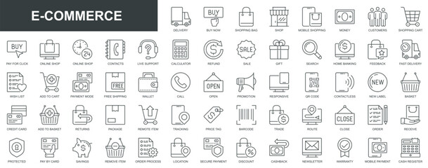 Poster - E-commerce web icons set in thin line design. Pack of mobile shopping, delivery, payment, feedback, add to cart, wish list, refund, sales, tracking package and other. Vector outline stroke pictograms