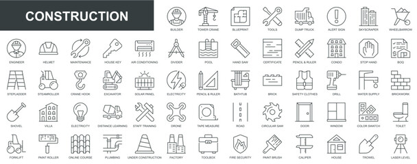 Poster - Construction web icons set in thin line design. Pack of builder, tower, blueprint, tools, skyscraper, wheelbarrow, engineer, helmet, maintenance, house, supply, other. Vector outline stroke pictograms