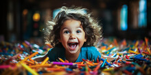 Joyful Preschooler, With An Open Mouth And Excitement In Their Eyes, Holding Multicolored Crayons Ready For Classroom Coloring Activity.