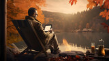 Fototapeta  - man sitting on a campfire reading on a tablet by the lake.