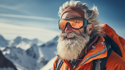 Adult man with beard, sunglasses taking selfie on snowy slope with the beautiful snowcapped in the background. Natural colors.